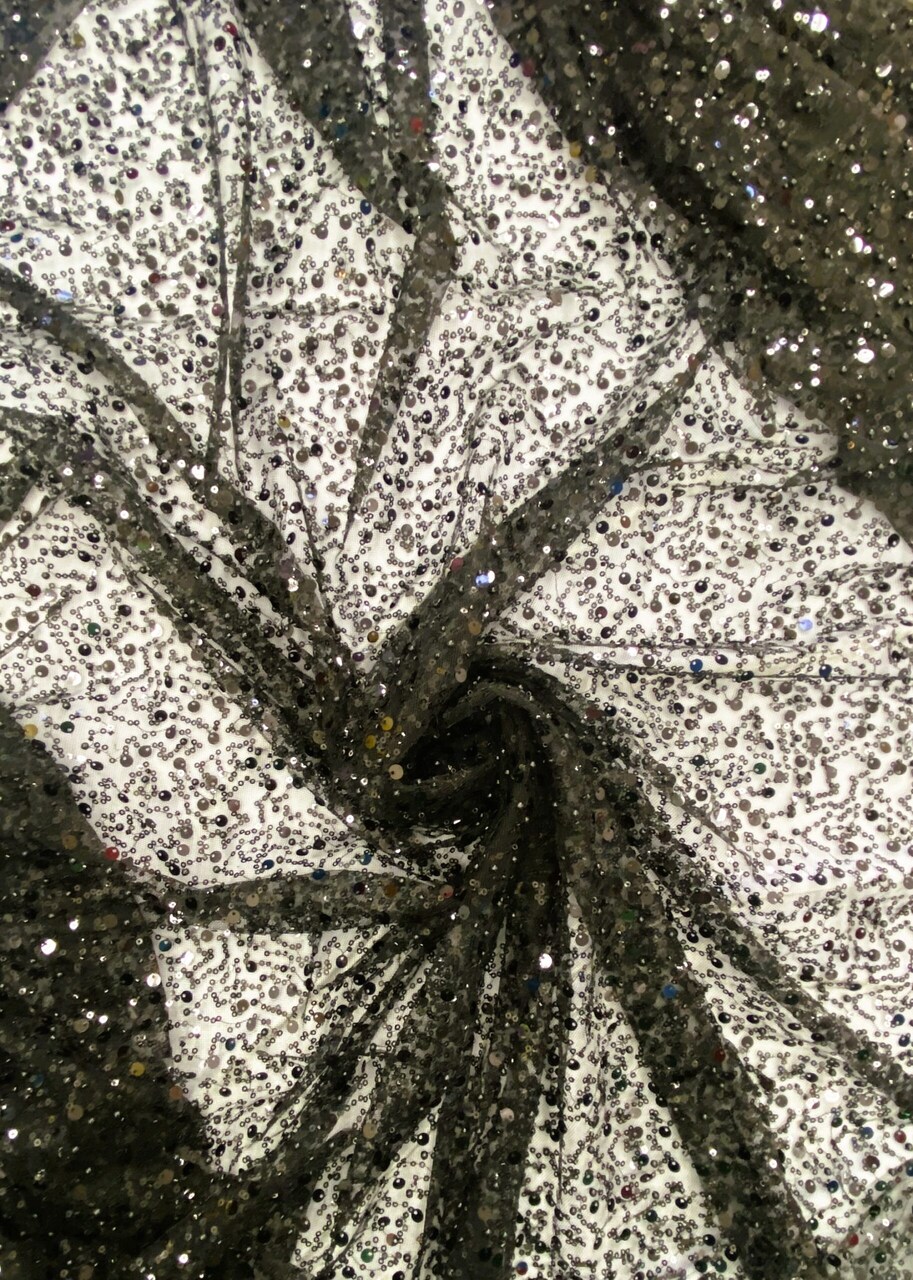 1 Yard Black Mesh Lace Fabric With Sequins Beads Pearls For Dresses And Gowns